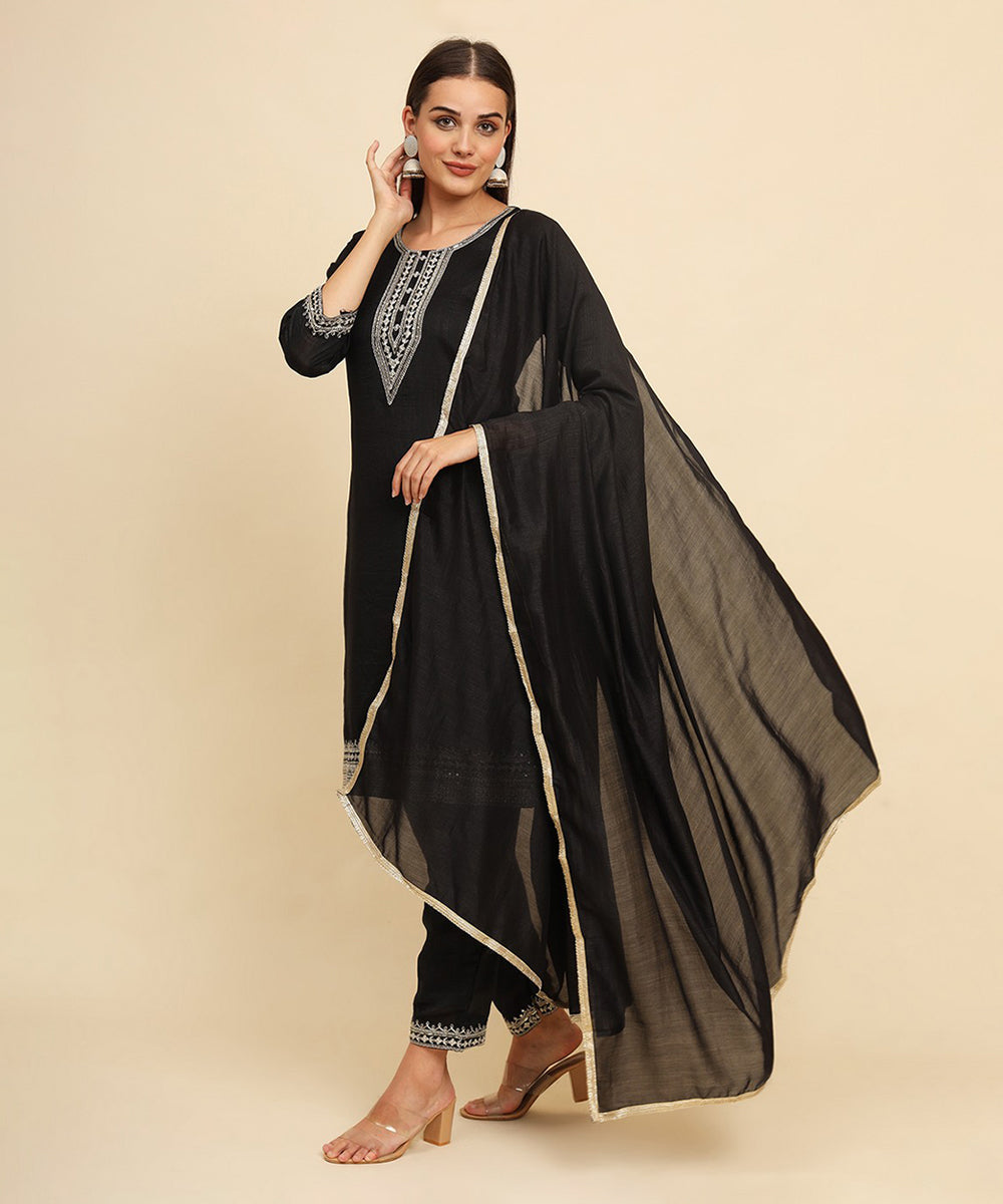 Kurta Set Black Silk Blend Embroidered with Pant and Dupatta