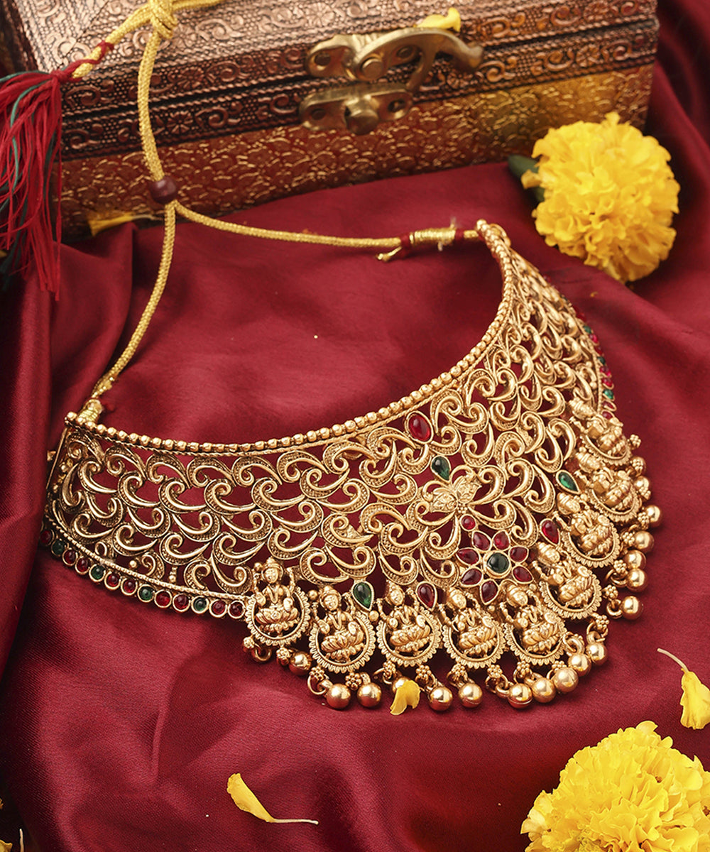 Gold Plated Statement Choker Set with Lakshmi Motif and Intricate Designs