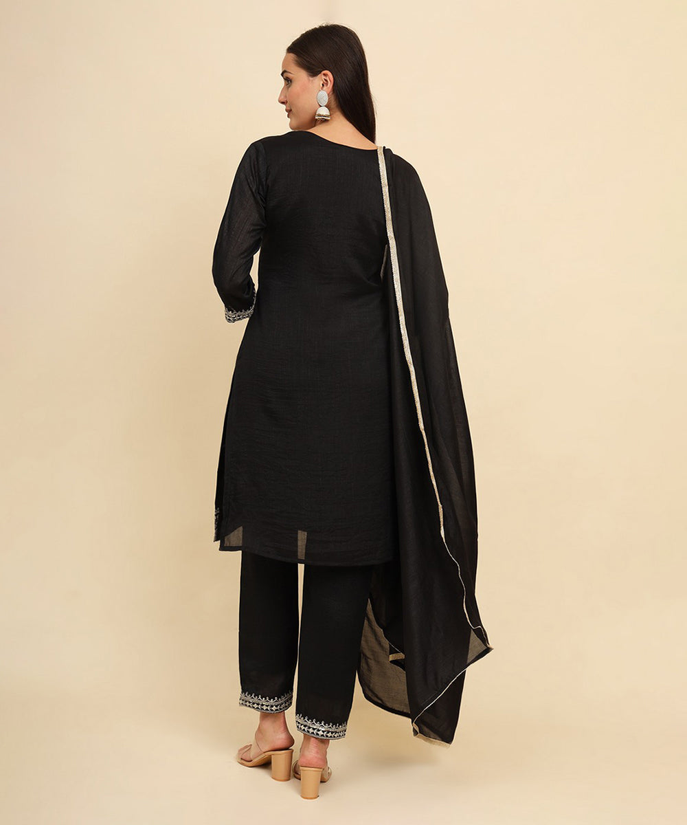 Kurta Set Black Silk Blend Embroidered with Pant and Dupatta