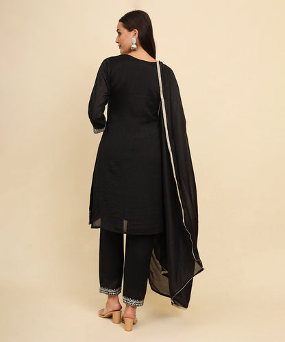 Kurta Set Black Silk Blend Embroidered with Pant and Dupatta
