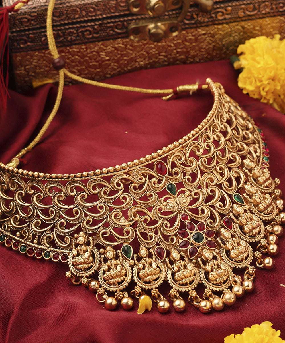 Gold Plated Statement Choker Set with Lakshmi Motif and Intricate Designs