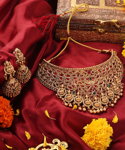 Gold Plated Statement Choker Set with Lakshmi Motif and Intricate Designs