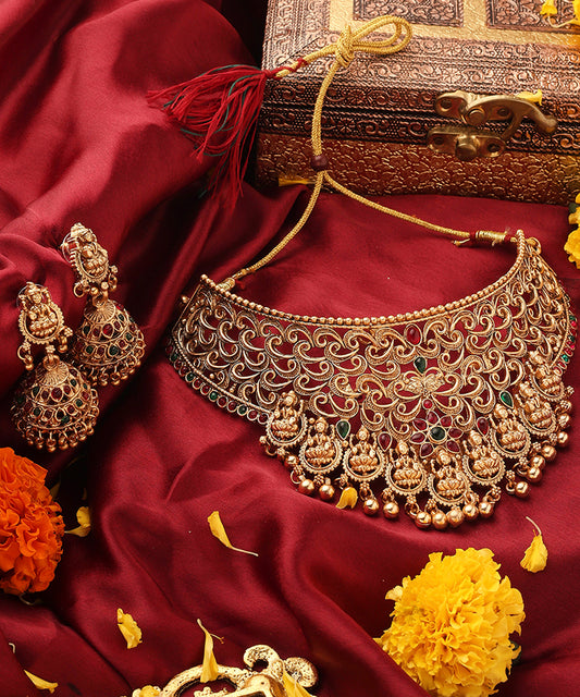 Gold Plated Statement Choker Set with Lakshmi Motif and Intricate Designs