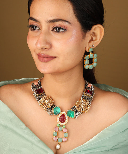 Traditional Jhumki Necklace with Red Stones Rose Pendant and Mint Green Earrings