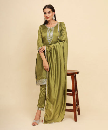 Kurta Set Green Silk Blend Embroidered with Pant and Dupatta