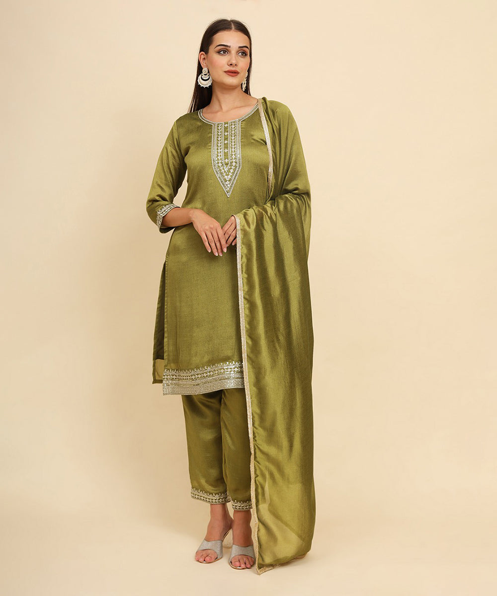 Kurta Set Green Silk Blend Embroidered with Pant and Dupatta