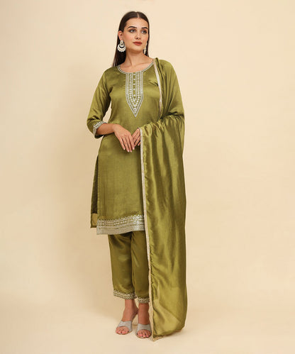 Kurta Set Green Silk Blend Embroidered with Pant and Dupatta