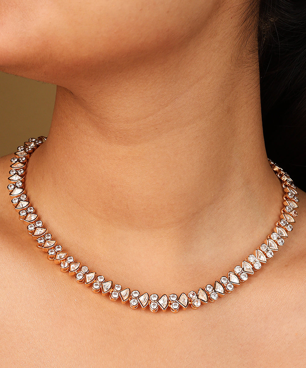 Gold Plated Necklace with Tiny Square Shaped Diamonds and Matching Earrings