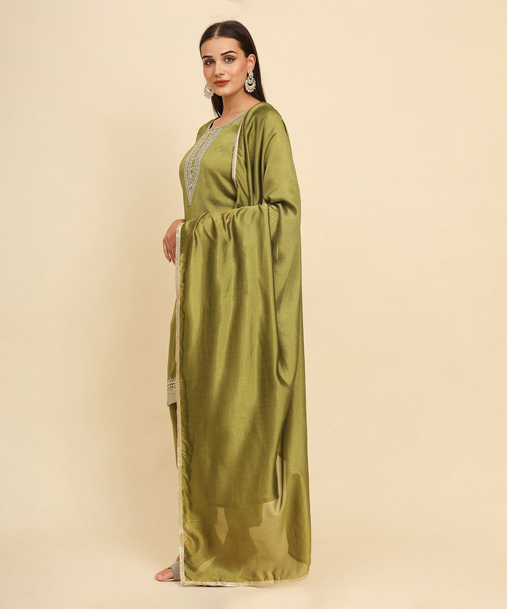 Kurta Set Green Silk Blend Embroidered with Pant and Dupatta