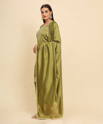Kurta Set Green Silk Blend Embroidered with Pant and Dupatta
