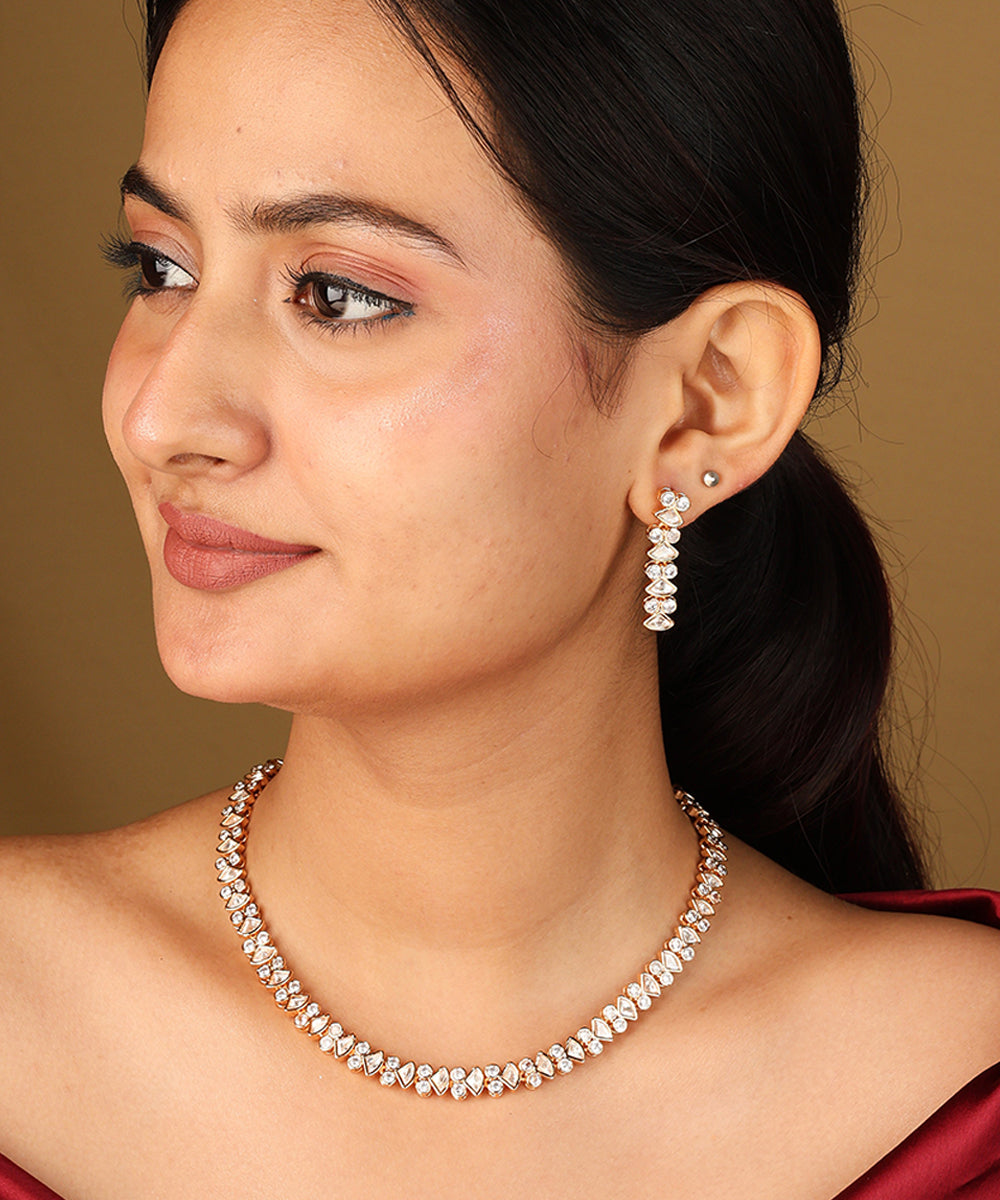 Gold Plated Necklace with Tiny Square Shaped Diamonds and Matching Earrings