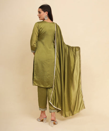 Kurta Set Green Silk Blend Embroidered with Pant and Dupatta