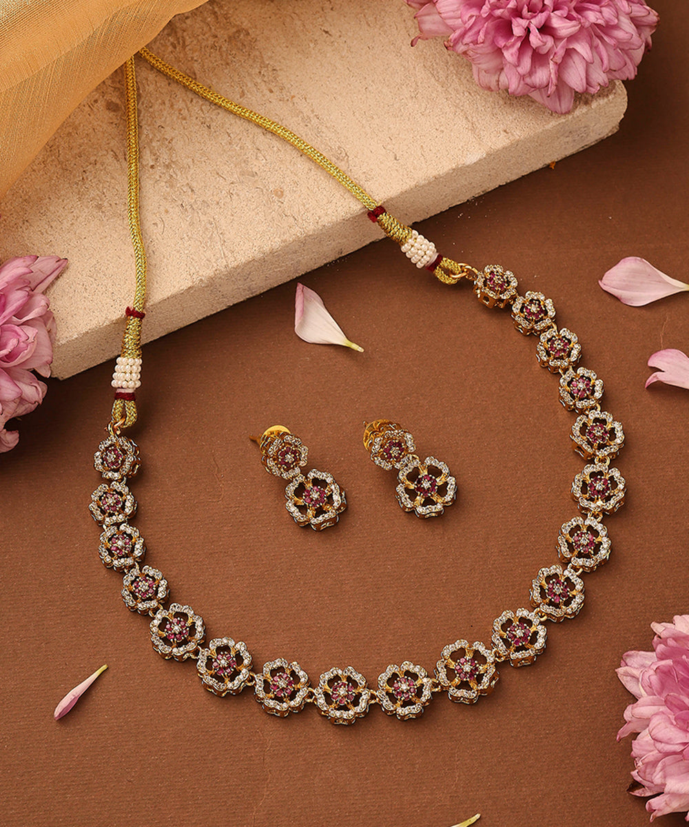 Gold Plated American Stone Studded Floral Shape Necklace