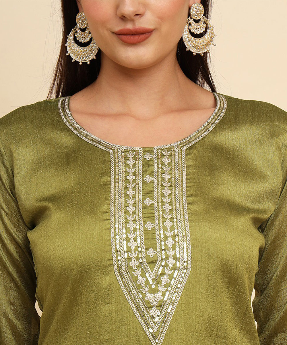 Kurta Set Green Silk Blend Embroidered with Pant and Dupatta