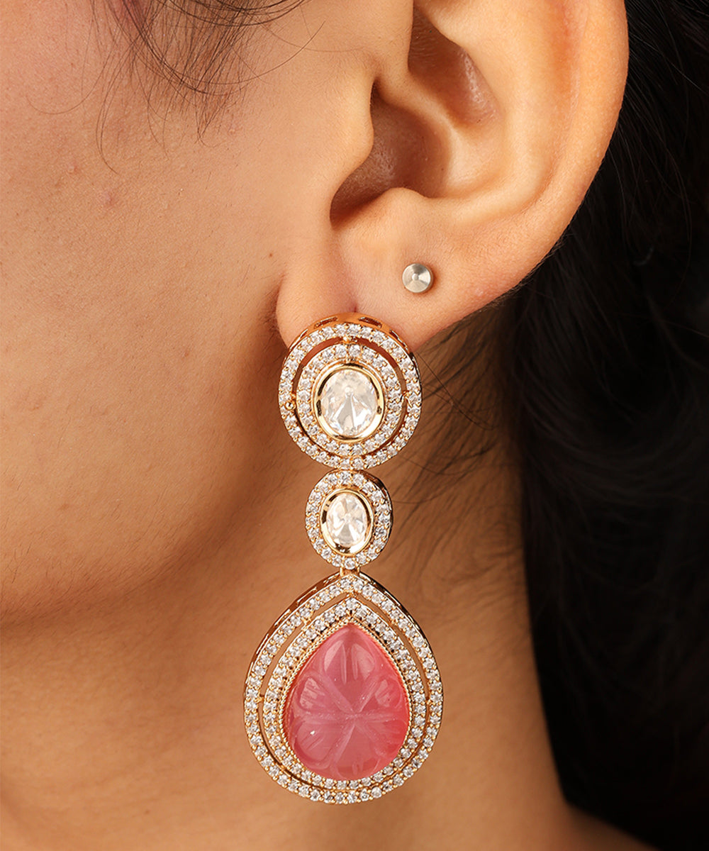 Gold Plated Necklace with Circle Transparent Stones and Pink Pendant Set