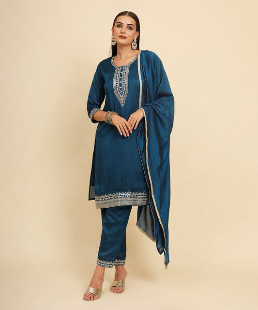 Kurta Set Teal Blue Silk Blend Embroidered with Pant and Dupatta