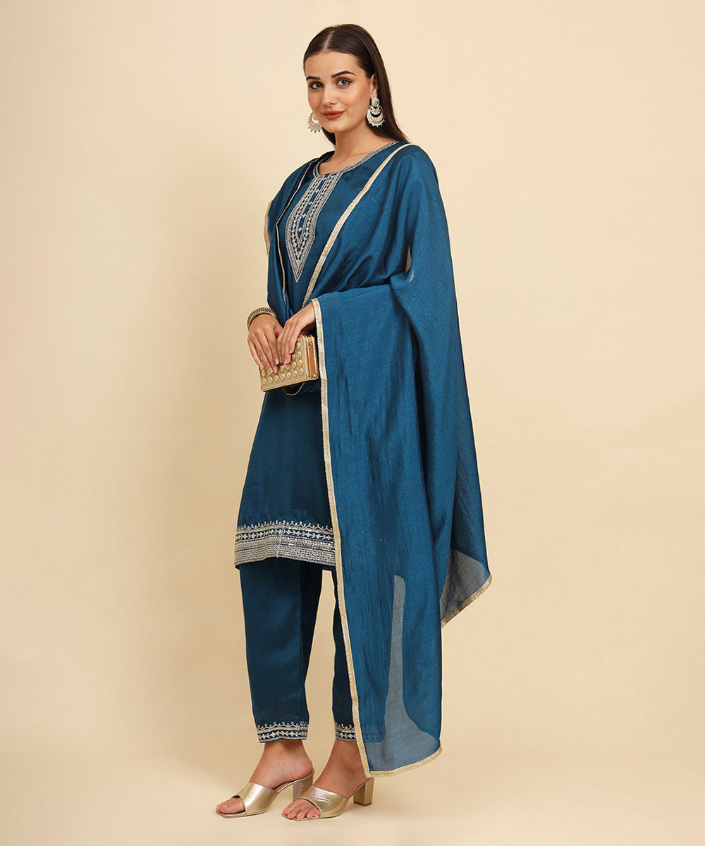 Kurta Set Teal Blue Silk Blend Embroidered with Pant and Dupatta