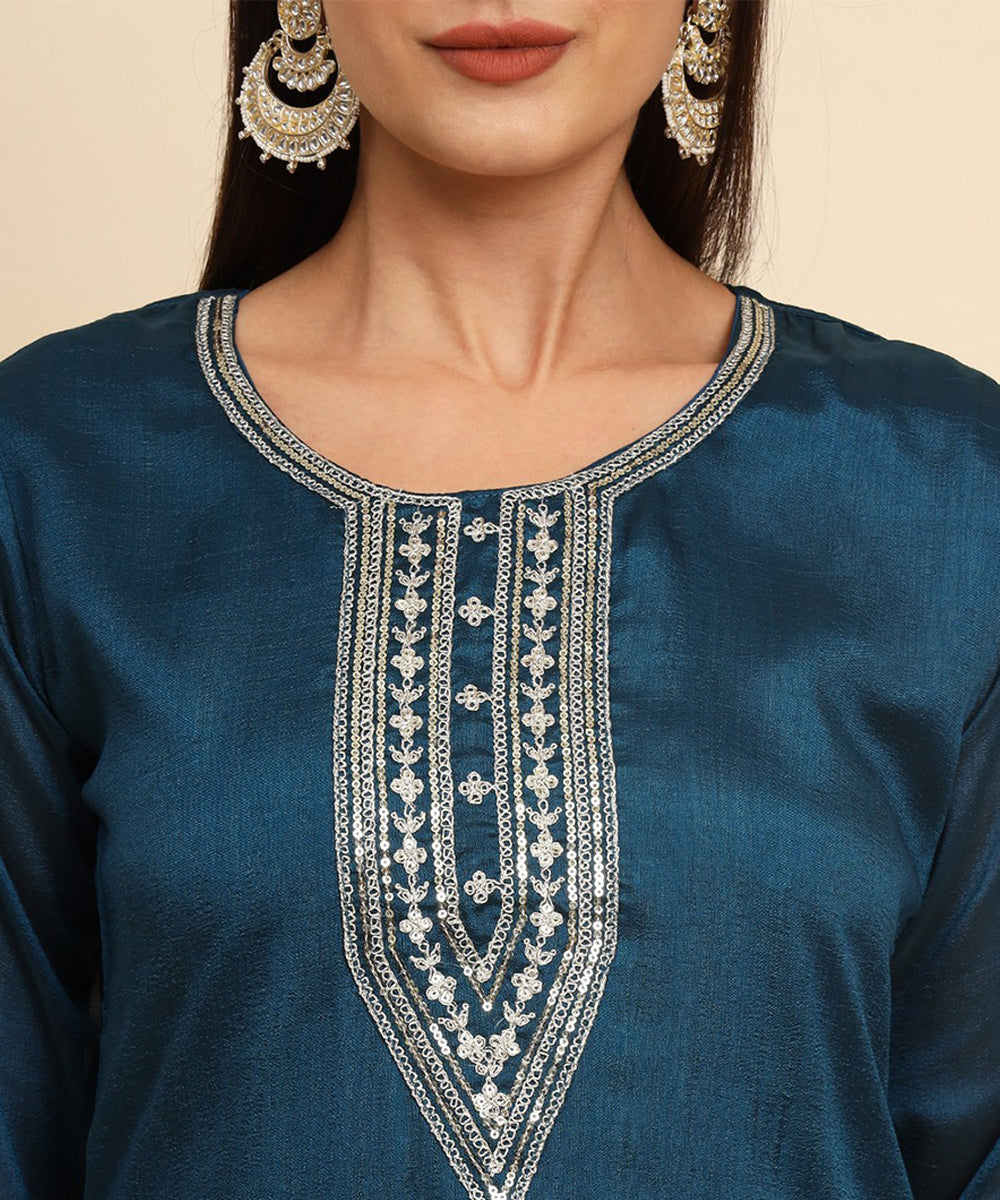 Kurta Set Teal Blue Silk Blend Embroidered with Pant and Dupatta