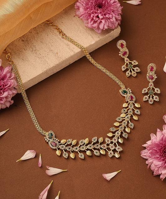 American Stone Studded Leaf Shape Necklace Set