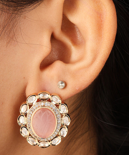 Gold Plated Flower Pendant Necklace with Pastel Pink Stone and Matching Earrings