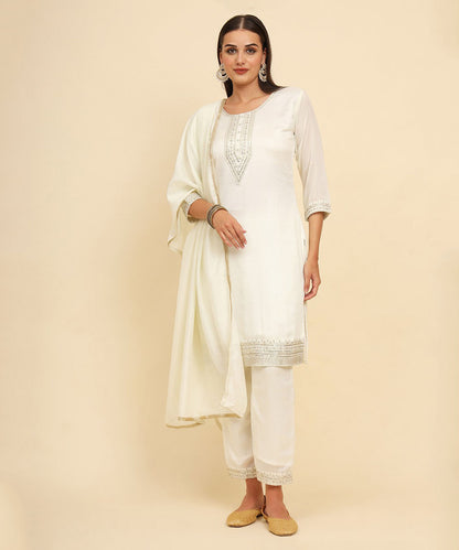 Kurta Set Off White Silk Blend Embroidered with Pant and Dupatta