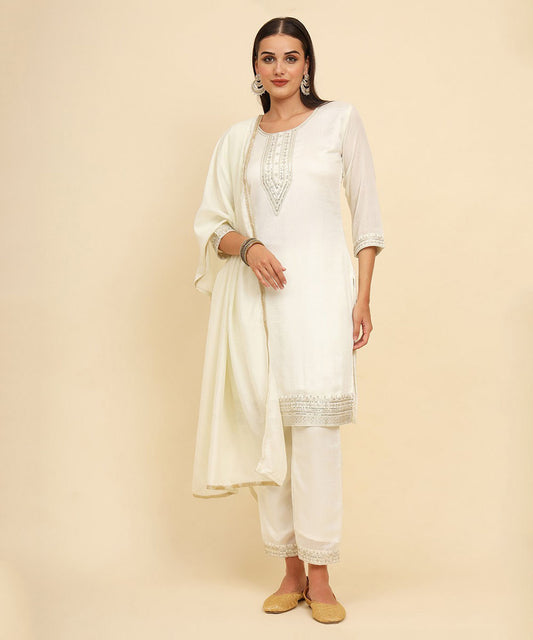 Kurta Set Off White Silk Blend Embroidered with Pant and Dupatta