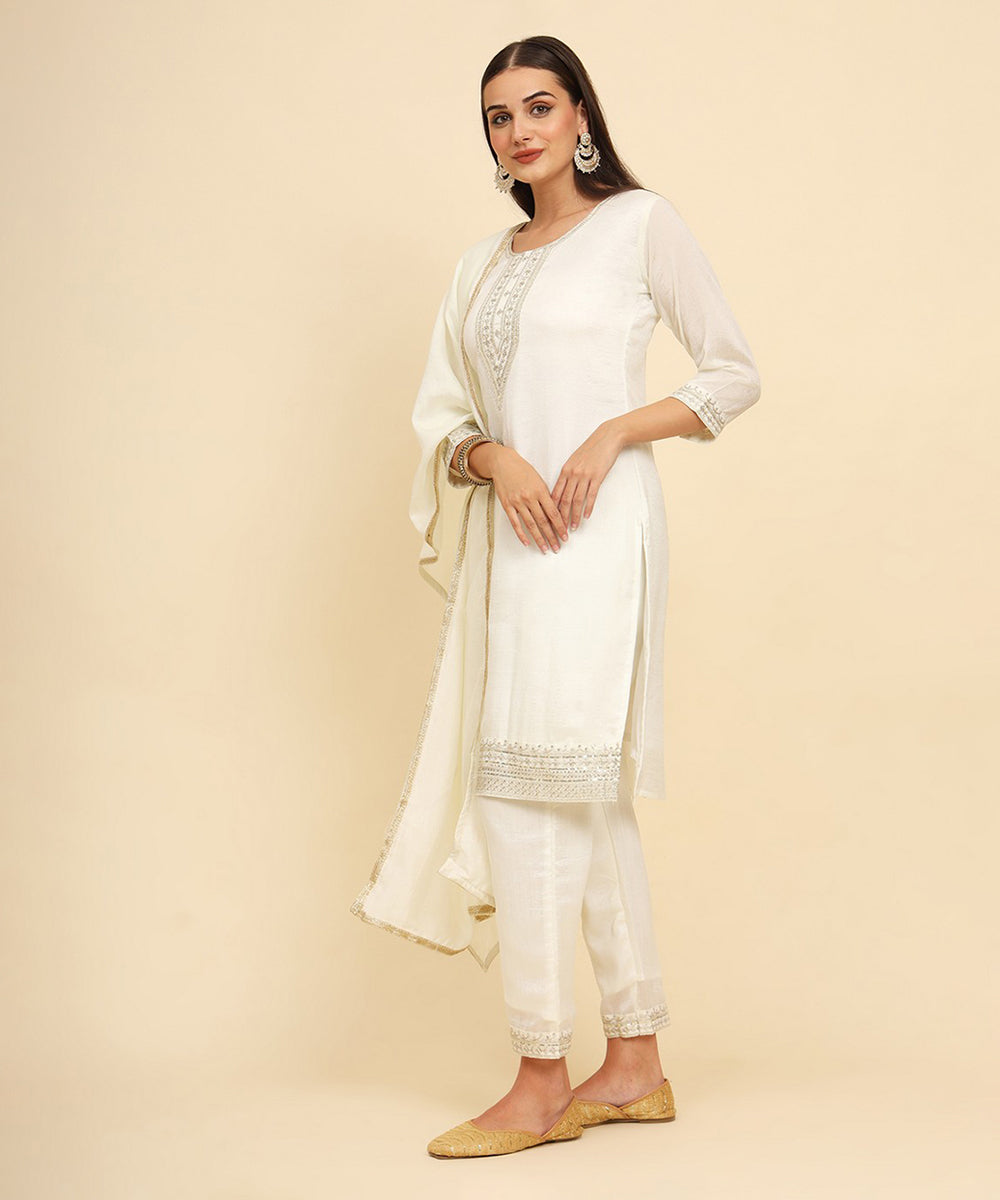 Kurta Set Off White Silk Blend Embroidered with Pant and Dupatta