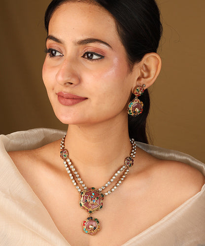 Colourful Flower Pendant Necklace with Transparent Stone Chain and Matching Earrings