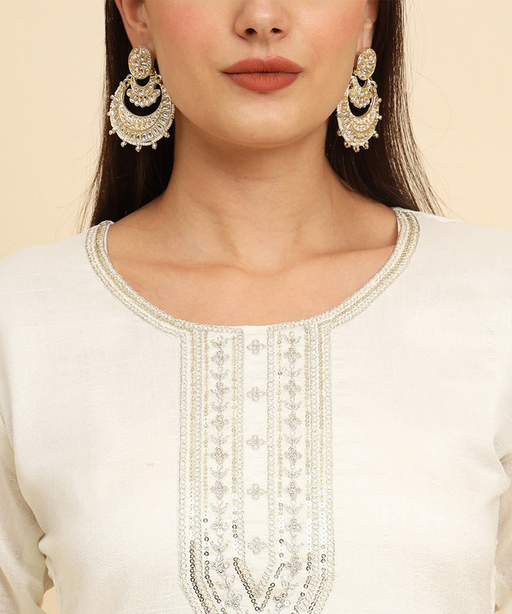 Kurta Set Off White Silk Blend Embroidered with Pant and Dupatta