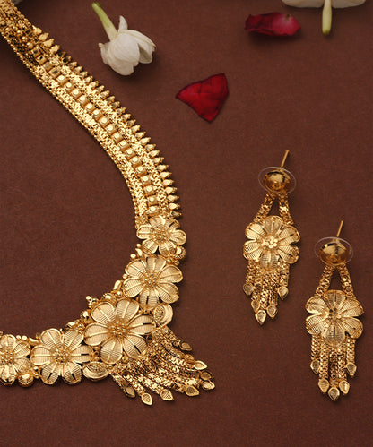 Gold Plated Long Necklace Set with Floral Designs