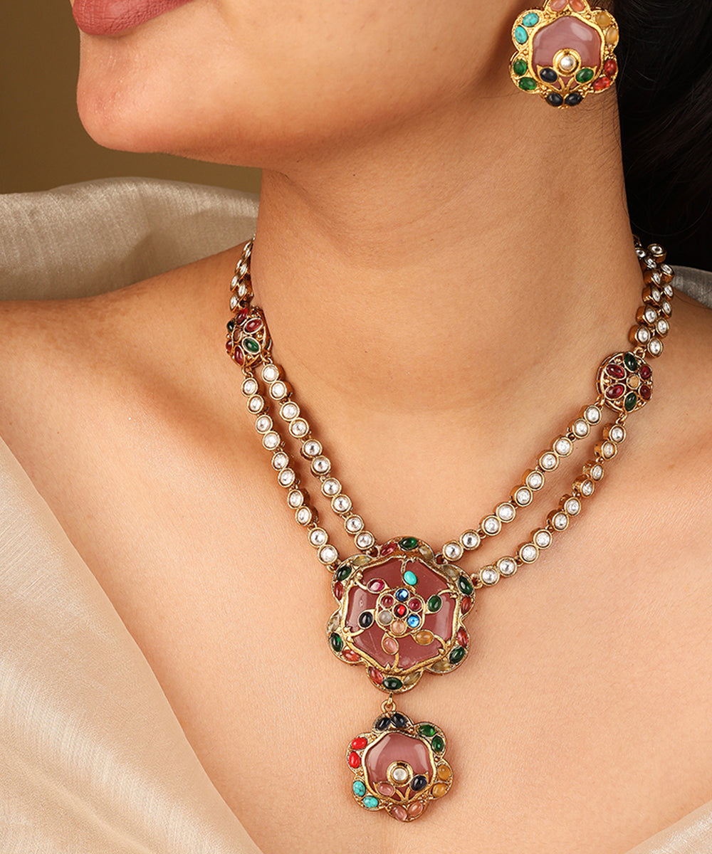 Colourful Flower Pendant Necklace with Transparent Stone Chain and Matching Earrings