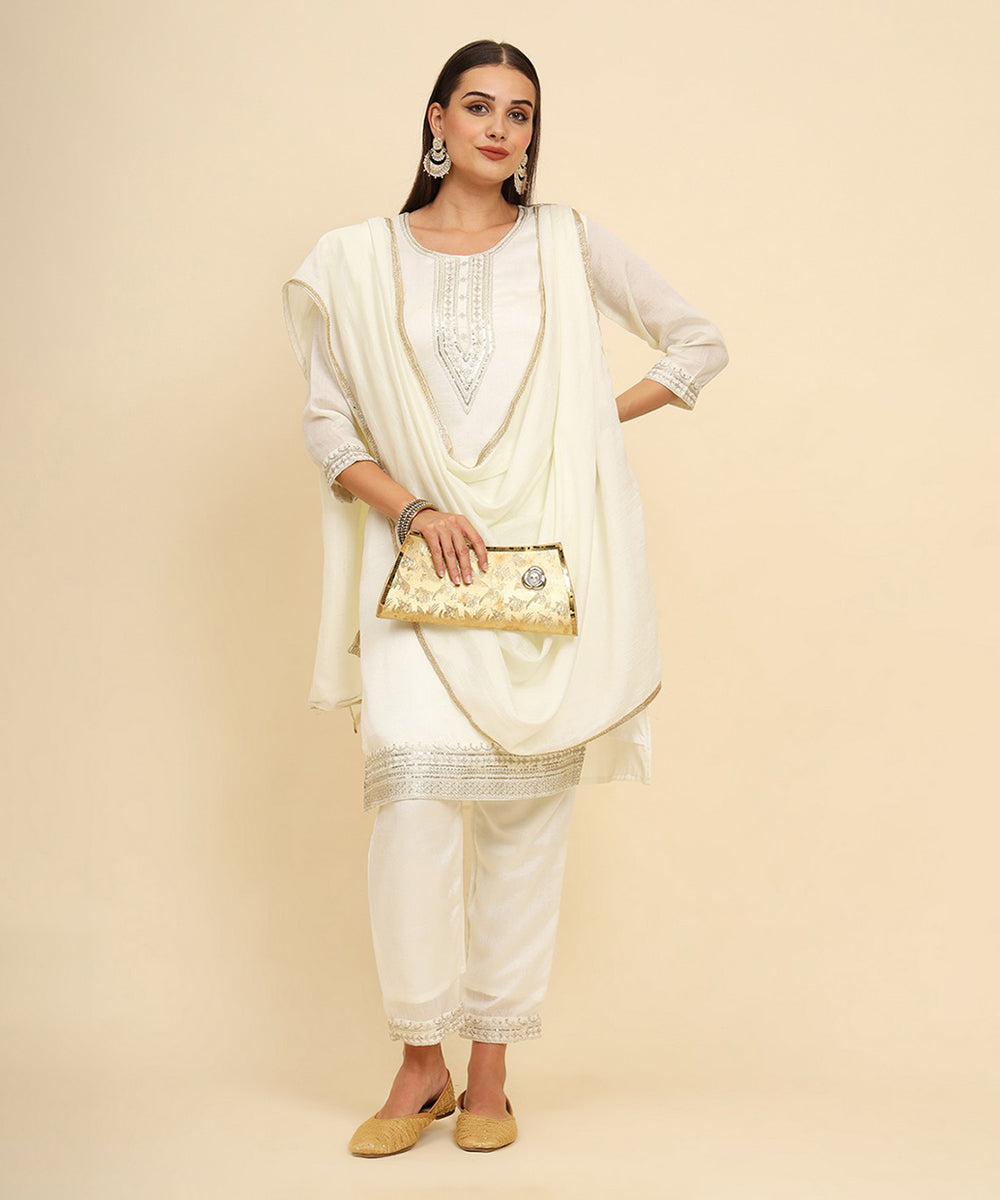 Kurta Set Off White Silk Blend Embroidered with Pant and Dupatta