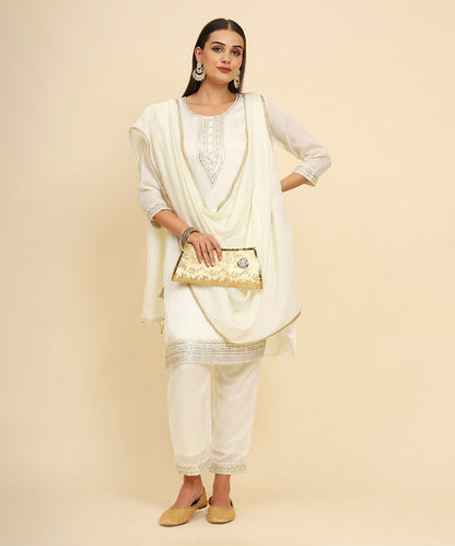Kurta Set Off White Silk Blend Embroidered with Pant and Dupatta