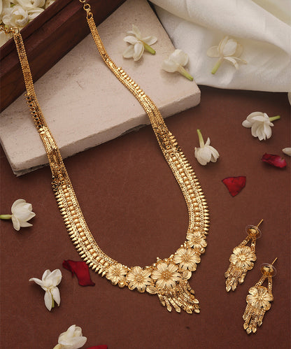 Gold Plated Long Necklace Set with Floral Designs