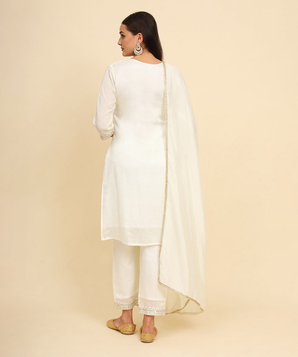 Kurta Set Off White Silk Blend Embroidered with Pant and Dupatta