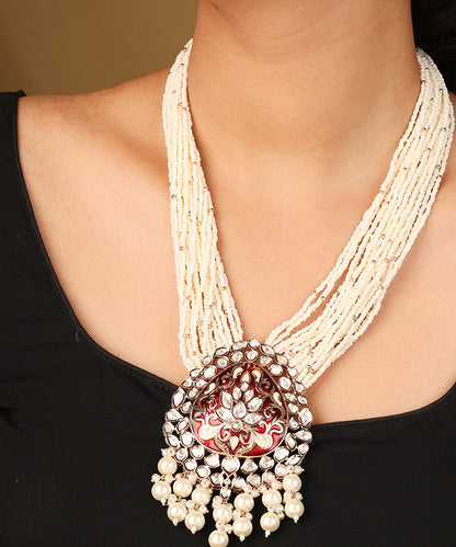 Stunning Raindrop Pendant Necklace with Red and Transparent Stones and Pearl Jhumkis