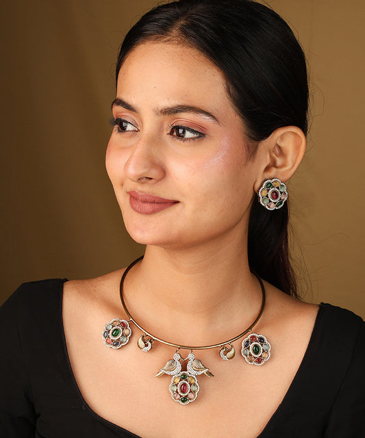 Gold Plated Circle Necklace with colourful Flower Pendants Matching Earrings and Maang Tikka