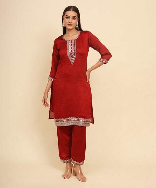 Kurta Set Red Silk Blend Embroidered with Pant and Dupatta