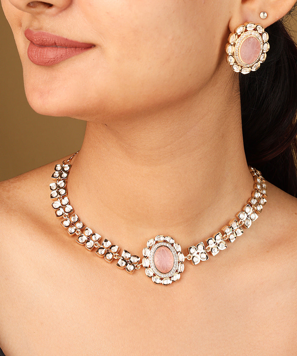 Gold Plated Flower Pendant Necklace with Pastel Pink Stone and Matching Earrings