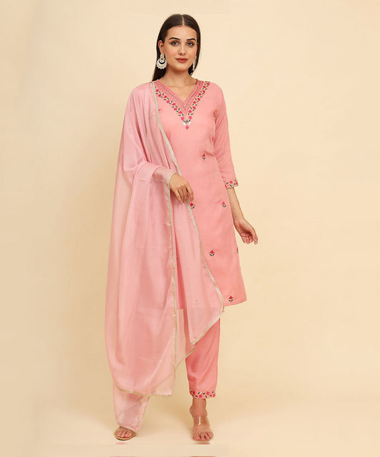 Kurta Set Light Pink Cotton Embroidered with Pant and Dupatta