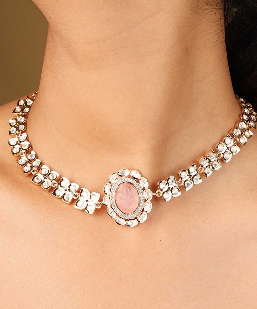 Gold Plated Flower Pendant Necklace with Pastel Pink Stone and Matching Earrings