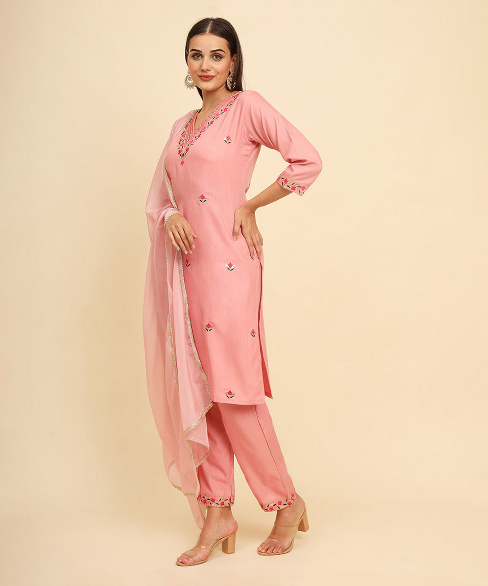 Kurta Set Light Pink Cotton Embroidered with Pant and Dupatta