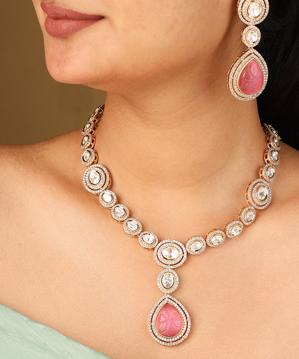 Gold Plated Necklace with Circle Transparent Stones and Pink Pendant Set
