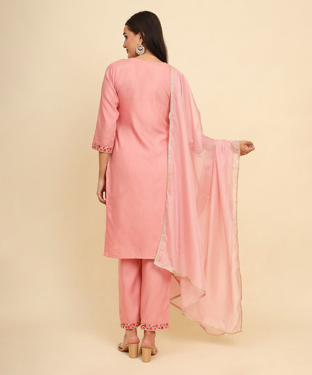 Kurta Set Light Pink Cotton Embroidered with Pant and Dupatta