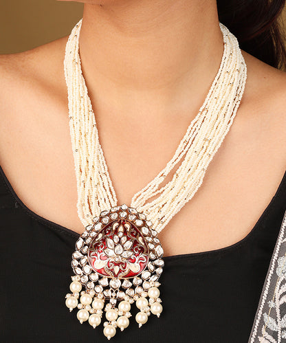 Stunning Raindrop Pendant Necklace with Red and Transparent Stones and Pearl Jhumkis