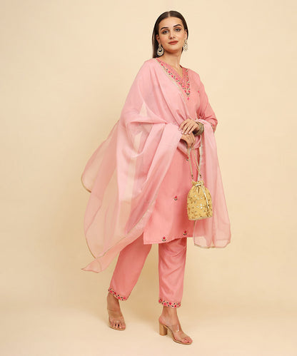 Kurta Set Light Pink Cotton Embroidered with Pant and Dupatta