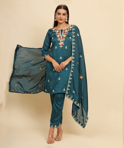 Kurta Set Green Silk Blend Embroidered with Pant and Dupatta