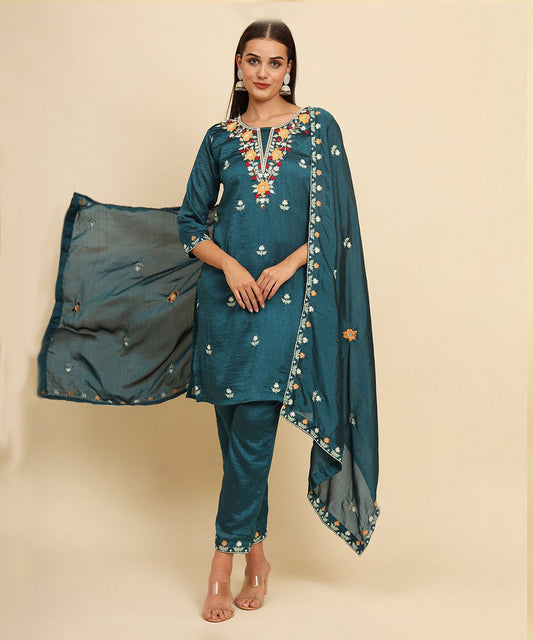 Kurta Set Green Silk Blend Embroidered with Pant and Dupatta