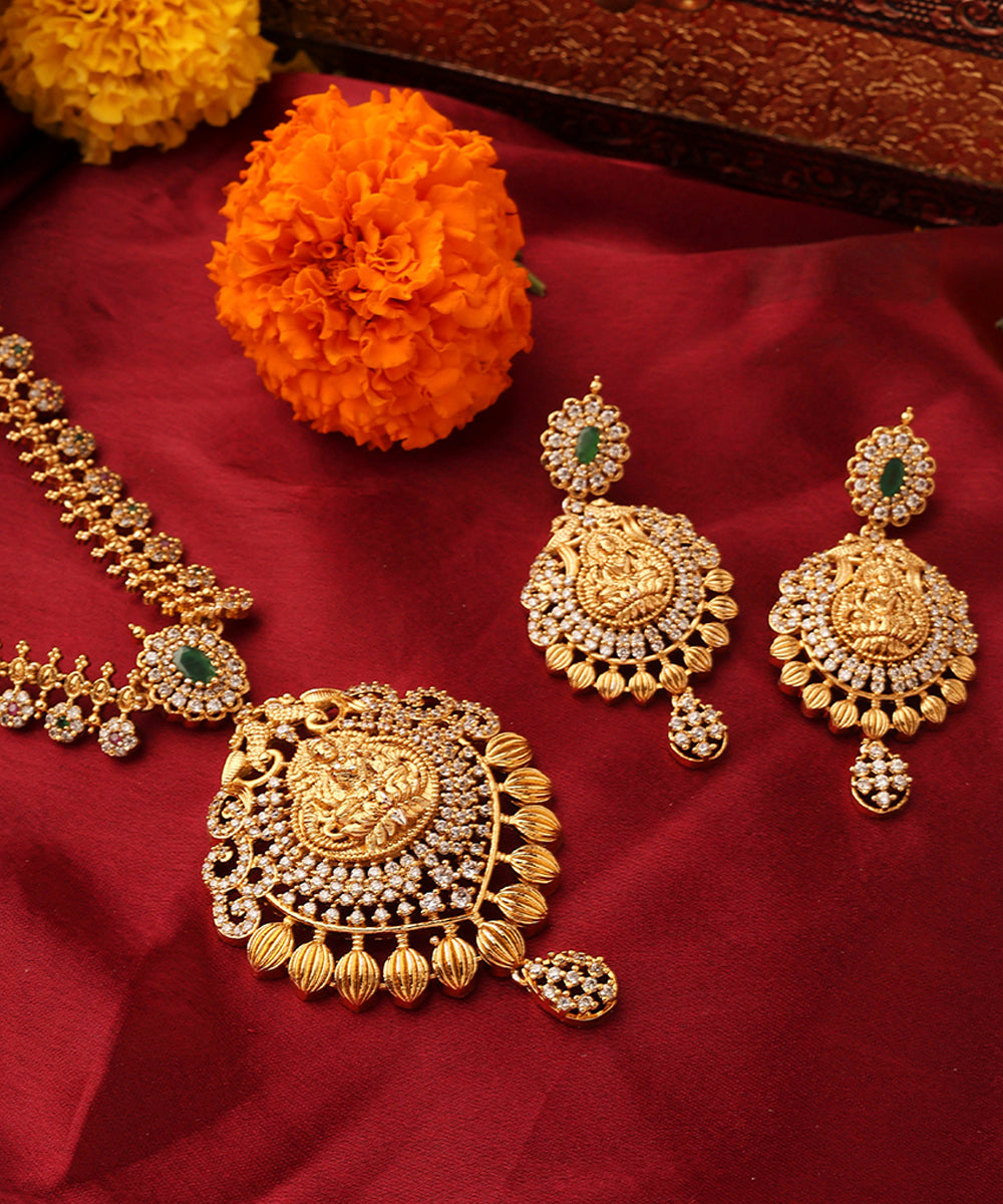 Gold Plated South Temple Style Necklace Set with American Stone Studded Lakshmi Motif Pendant
