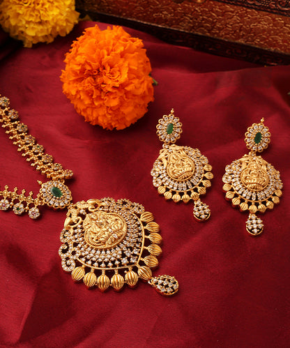 Gold Plated South Temple Style Necklace Set with American Stone Studded Lakshmi Motif Pendant